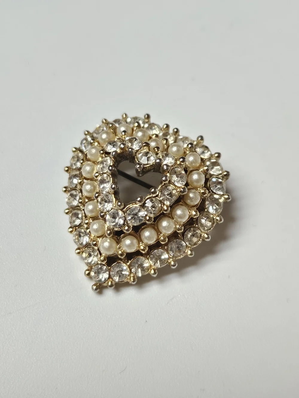 Gold Heart Brooch with Pearls and Clear Crystals